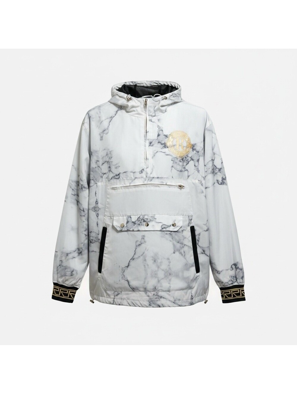 Reason NYC Marble Print Hooded Anorak Windbreaker Jacket Men’s L White Gold Mesh
